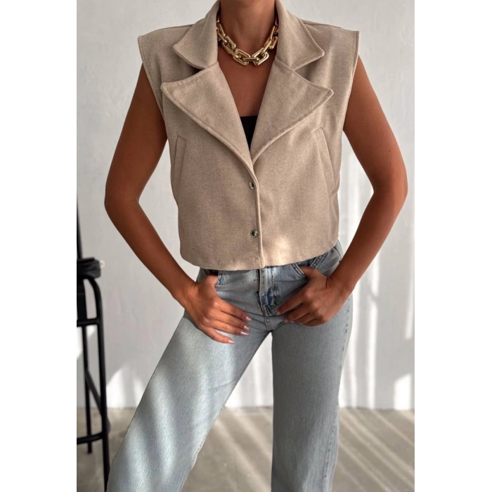 Önü çıtçıtlı cepli kaşe yelek bej f2253