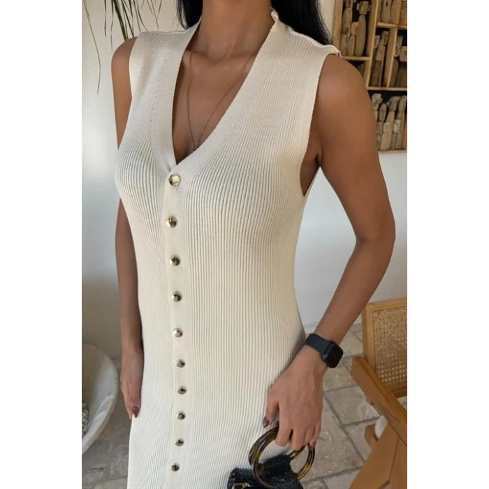 Önü Düğmeli Fitilli Kolsuz Elbise 2832
