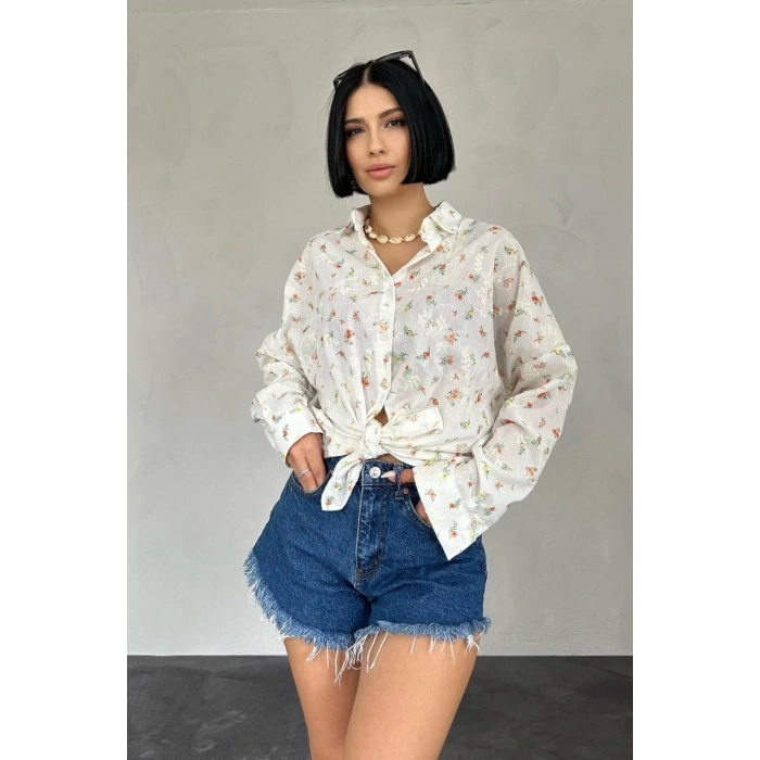 Oranj Brode Çiçek Nakışlı Klasik Gömlek