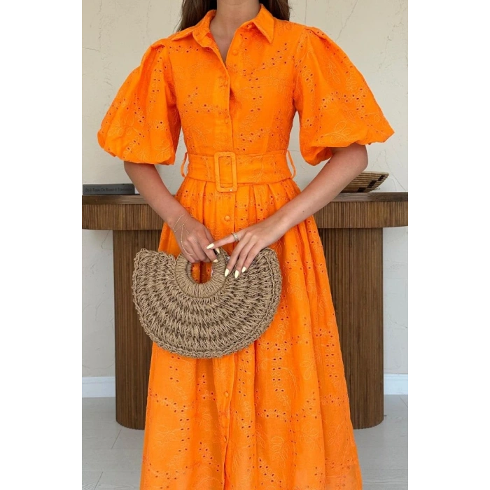 Oranj Pileli Balkon Elbise