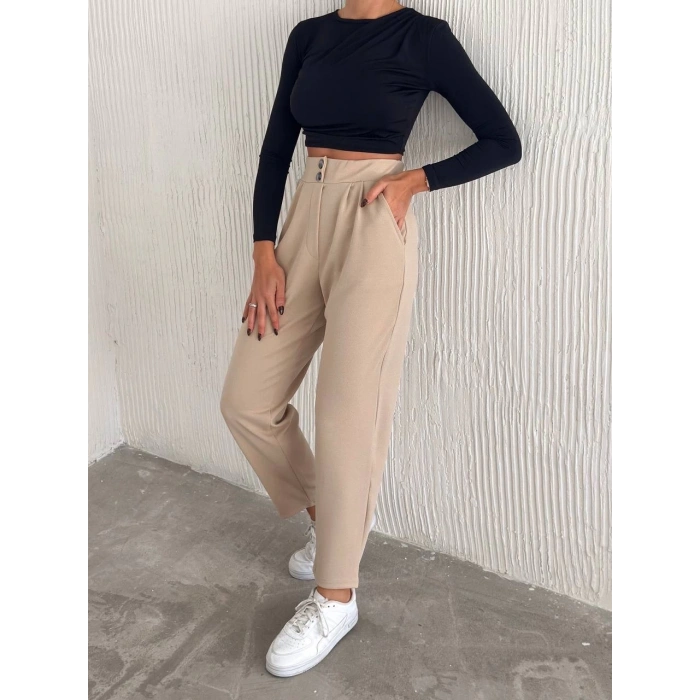 örme krep pantolon çift düğmeli