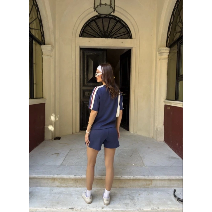 Osy odal Yumuşak Dokulu Kumaş Parçalı Bisiklet Yaka Tshirt ini Şortlu Etek İkili Takım acivert