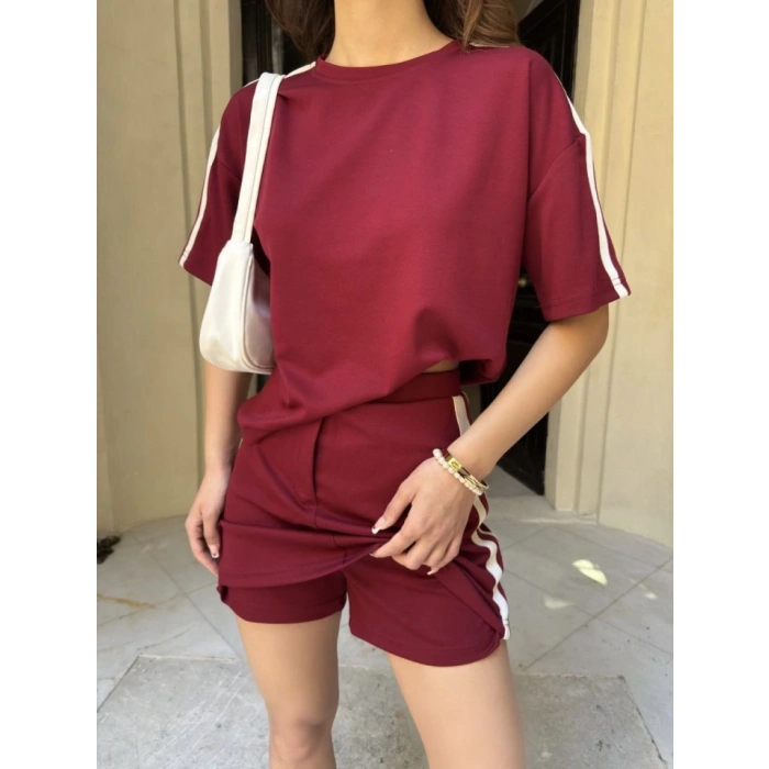 Osy odal Yumuşak Dokulu Kumaş Parçalı Bisiklet Yaka Tshirt ini Şortlu Etek İkili Takım Bordo