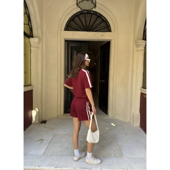 Osy odal Yumuşak Dokulu Kumaş Parçalı Bisiklet Yaka Tshirt ini Şortlu Etek İkili Takım Bordo