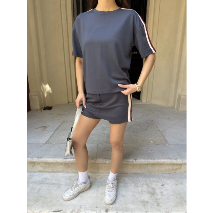 Osy odal Yumuşak Dokulu Kumaş Parçalı Bisiklet Yaka Tshirt ini Şortlu Etek İkili Takım  Füme