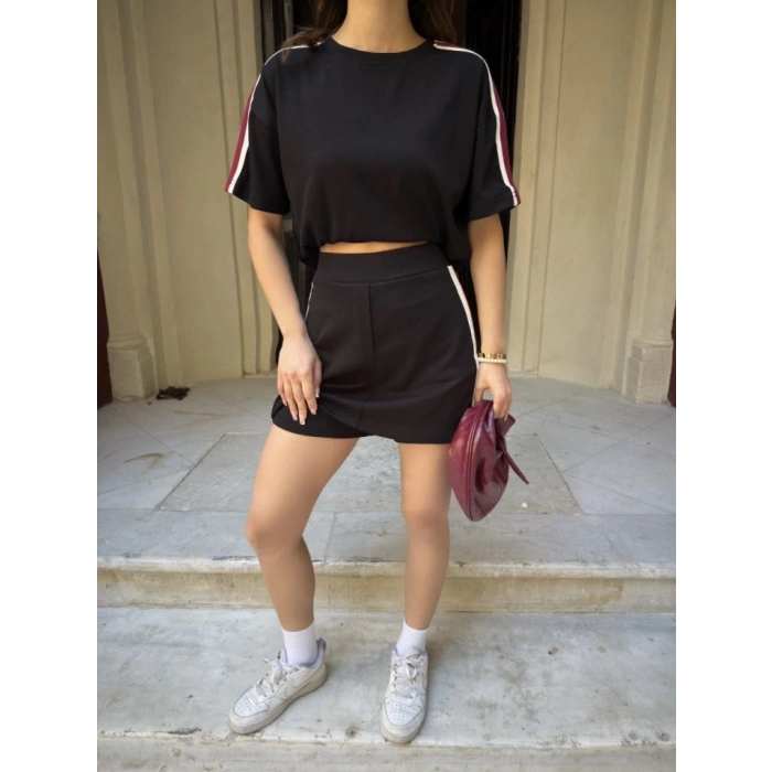 Osy odal Yumuşak Dokulu Kumaş Parçalı Bisiklet Yaka Tshirt ini Şortlu Etek İkili Takım  iyah