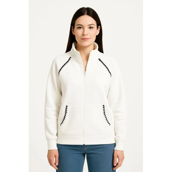 Oversize Dik Yaka Fermuarlı weatshirt  Zincir Nakışli Kanguru Cepli,  Beyaz