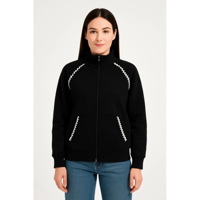 Oversize Dik Yaka Fermuarlı weatshirt  Zincir Nakışli Kanguru Cepli,  iyah