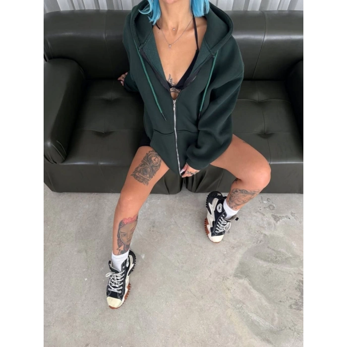 Oversize Tam Fermuarlı Uzun Kol Hırka  Haki