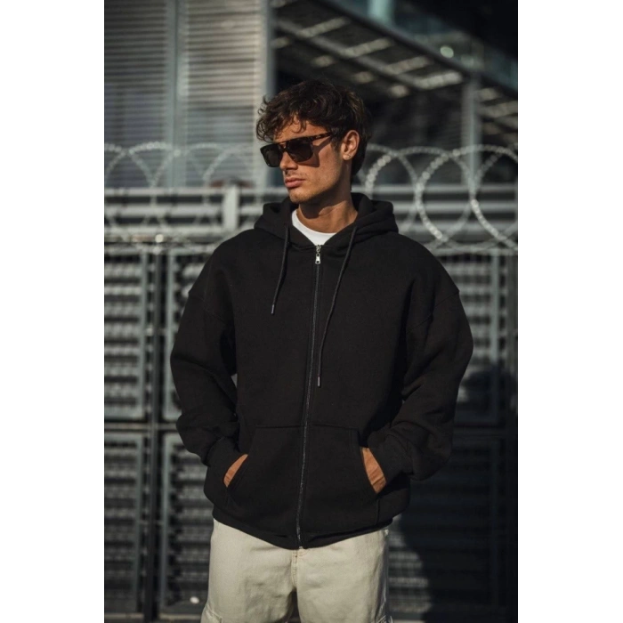 Oversize Tam Fermuarlı Uzun Kol Hırka  iyah