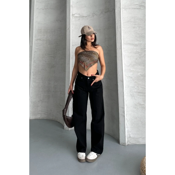 Palazzo straight enzim süper taş yıkama jeans pantolon siyah d2008