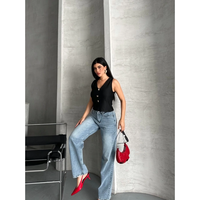 Palazzo straight kar yıkama jeans pantolon mavi d2008