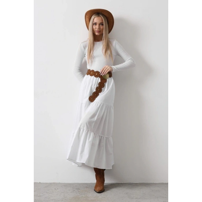 Pamuklu Beli astikli Etek  Beyaz