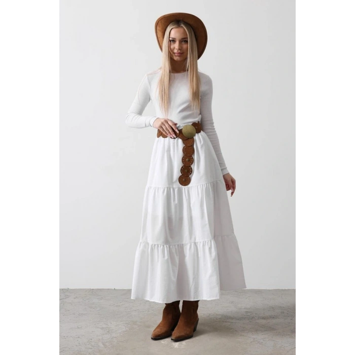 Pamuklu Beli astikli Etek  Beyaz