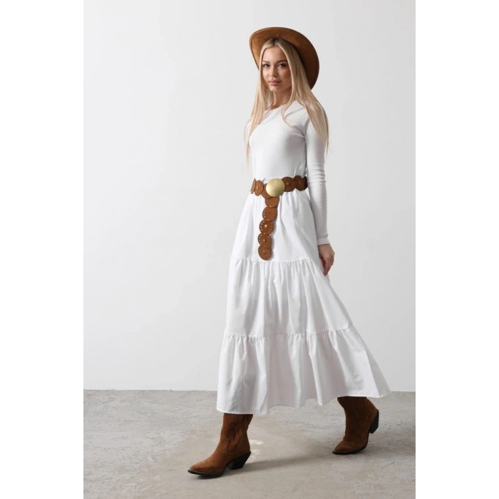 Pamuklu Beli astikli Etek  Beyaz