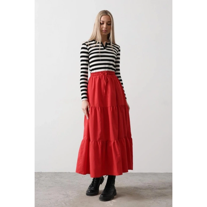 Pamuklu Beli Lastikli Etek  Kırmızı