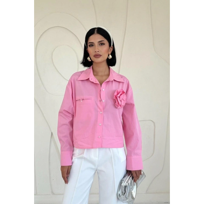 Pembe Fleto Cepli Poplin Gömlek