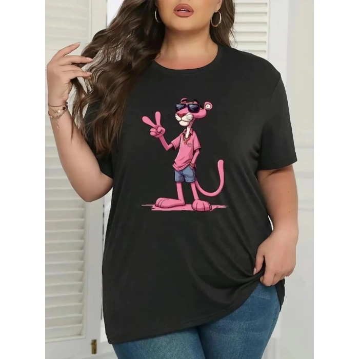 Pembe Panter Baskılı Oversize Bisiklet Yaka Tshirt  Beyaz