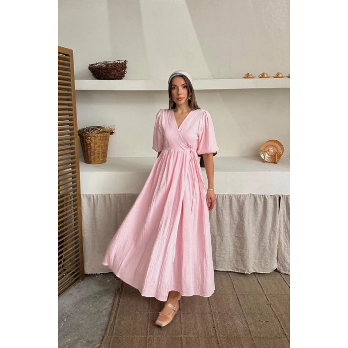 Pembe Müslin Uzun Elbise