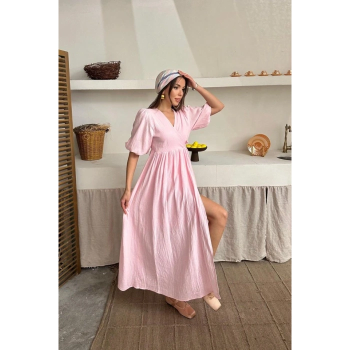 Pembe Müslin Uzun Elbise