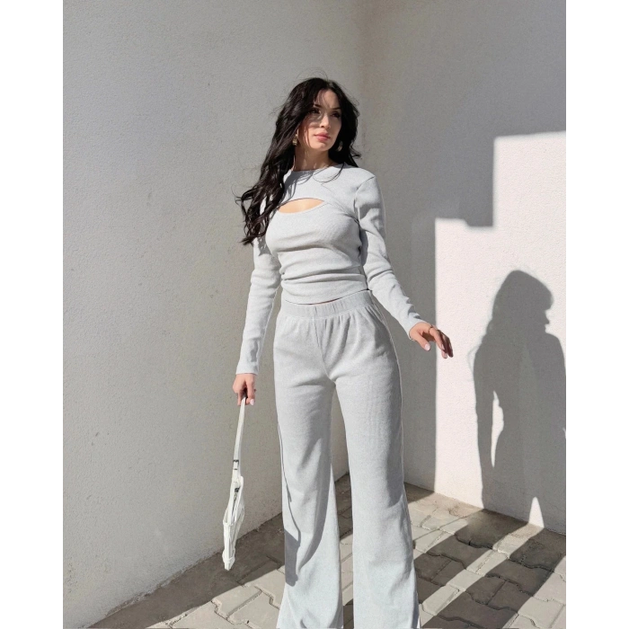 Pencereli detaylı alt üst takım gri w3864