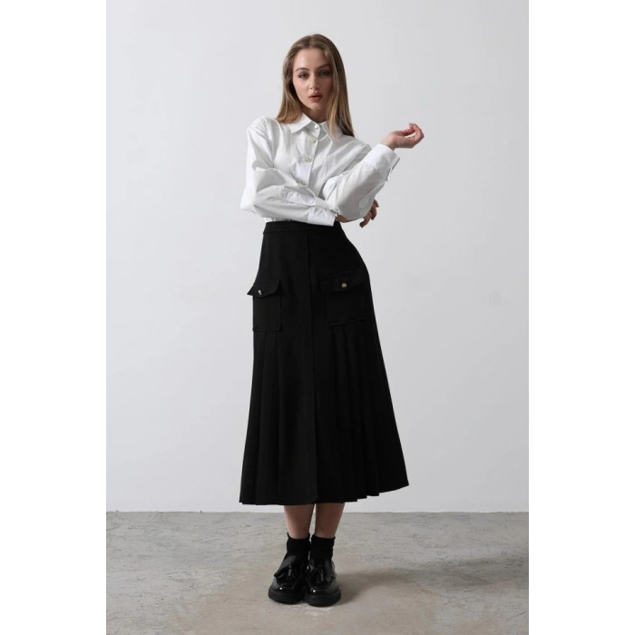 Pileli Kontrast Gömlek Elbise  Beyaz