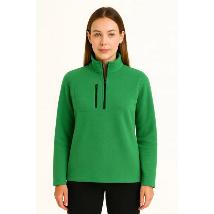 Polar Kazak – Dik Yaka, Yarım Fermuarlı, Fermuarlı Göğüs Cepli, iyah Biyeli, Kışlık Rahat Regular Fit Günlük odel  Yeşil