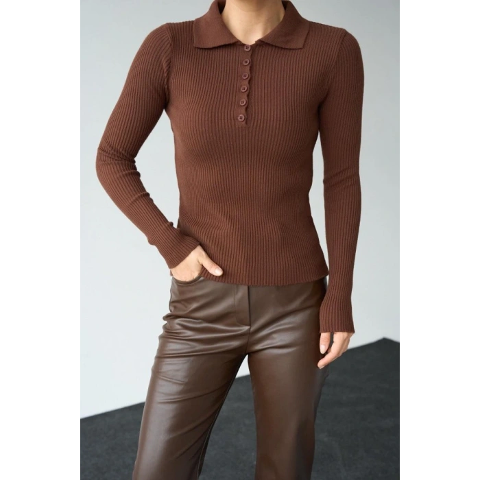 Polo Yaka 6 Düğmeli Kazak  KAHVE