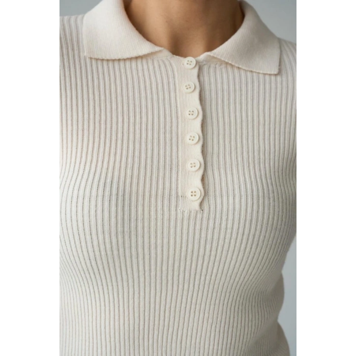 Polo Yaka 6 Düğmeli Kazak  Krem