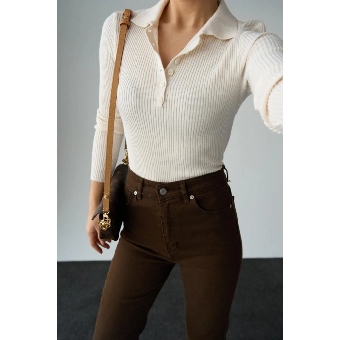 Polo Yaka 6 Düğmeli Kazak  Krem