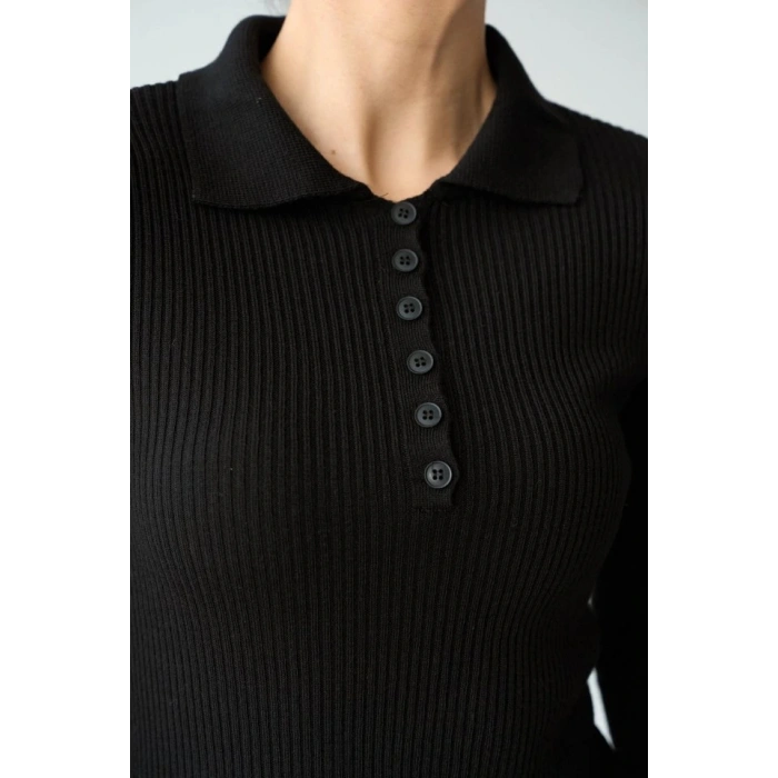 Polo Yaka 6 Düğmeli Kazak  Siyah