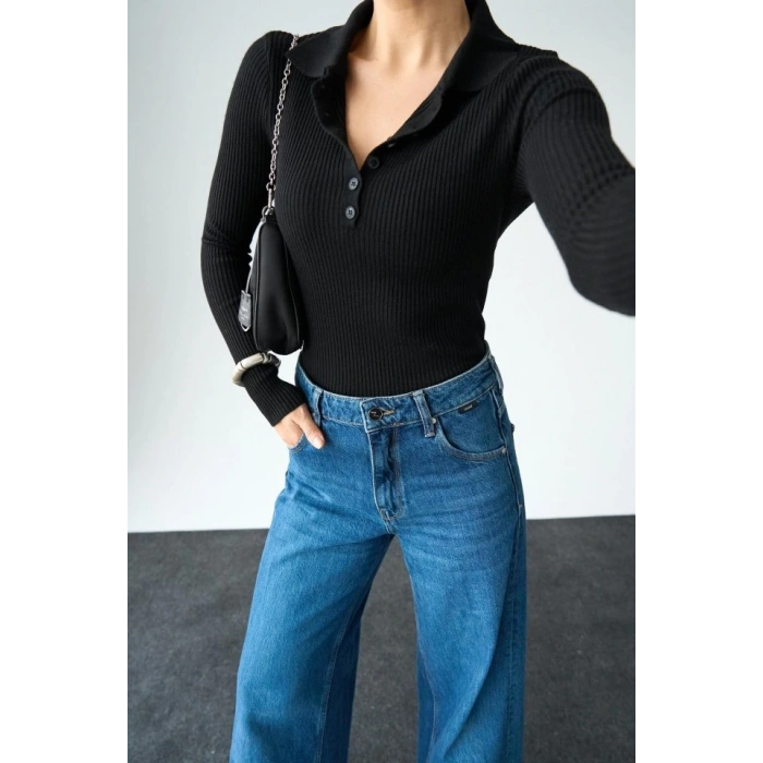 Polo Yaka 6 Düğmeli Kazak  Siyah