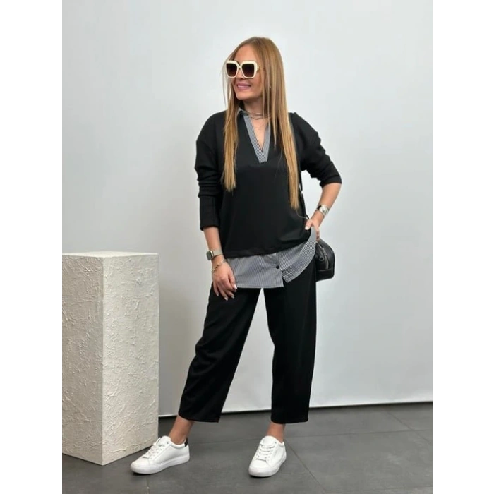 Polo Yaka Gömlek Detay alaş Balon Pantolunlu ıkılı Takım