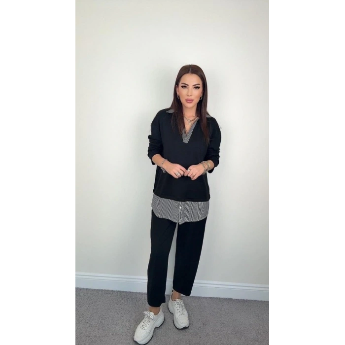 Polo Yaka Gömlek Detay alaş Balon Pantolunlu ıkılı Takım