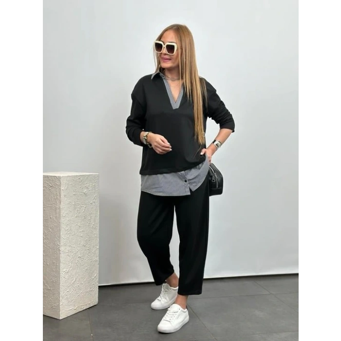 Polo Yaka Gömlek Detay alaş Balon Pantolunlu ıkılı Takım