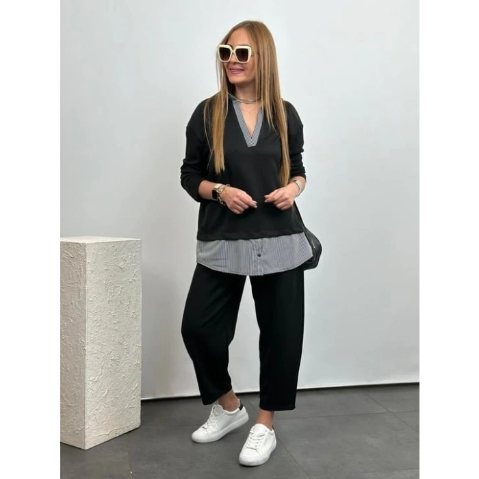 Polo Yaka Gömlek Detay alaş Balon Pantolunlu ıkılı Takım