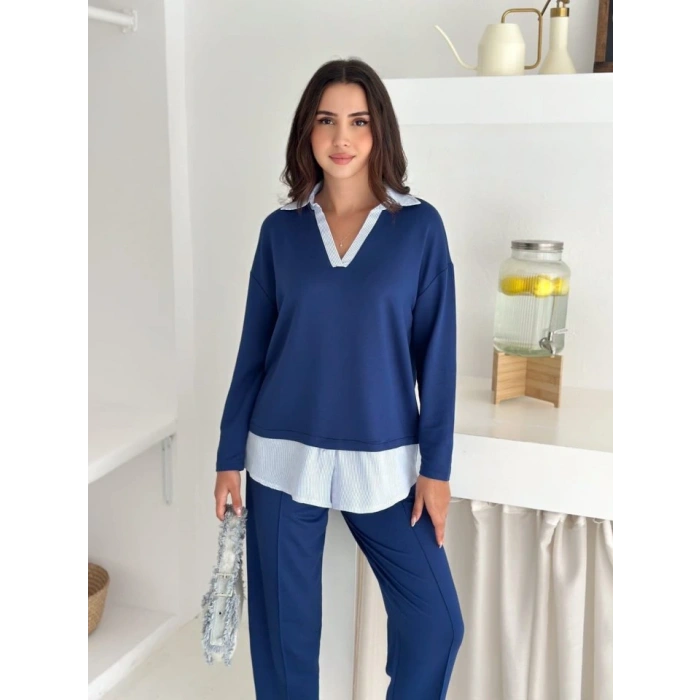 Polo Yaka Gömlekl Detay Salaş Balon Pantolunlu ıkılı Takım