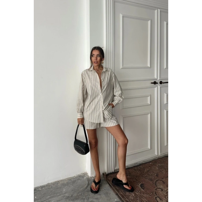 POPİN ÇİZGİİ GÖEK  ŞORT TAKI  Bej