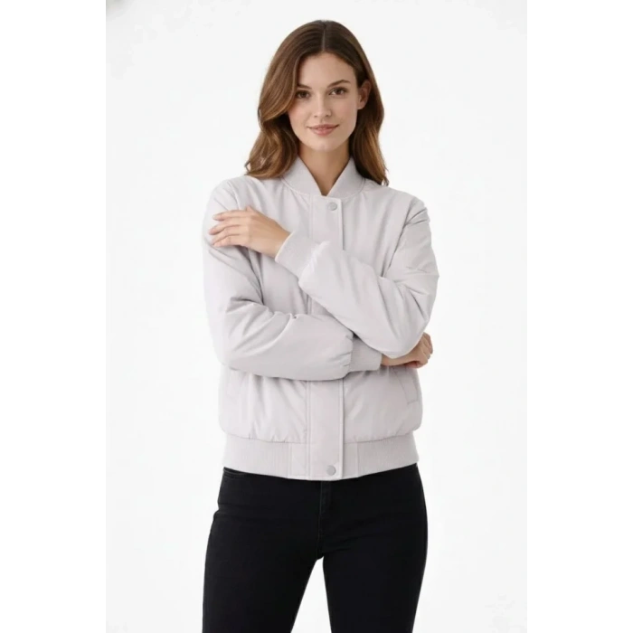 Premium Bomber Ceket Çıtçıt Kapamalı, Ribana anşetli, Astarlı, Regular Fit ont  Beyaz