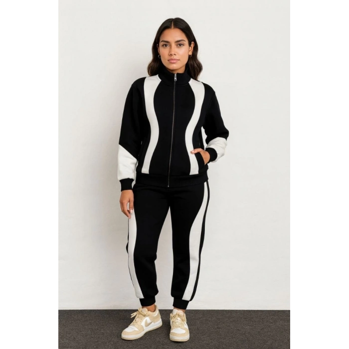 Premium Parçalı Eşofman Takım  Dik Yaka Fermuarlı weatshirt  iyah