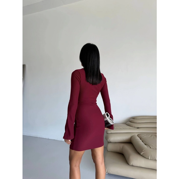 Prenses kol esnek kumaş elbise bordo f2334