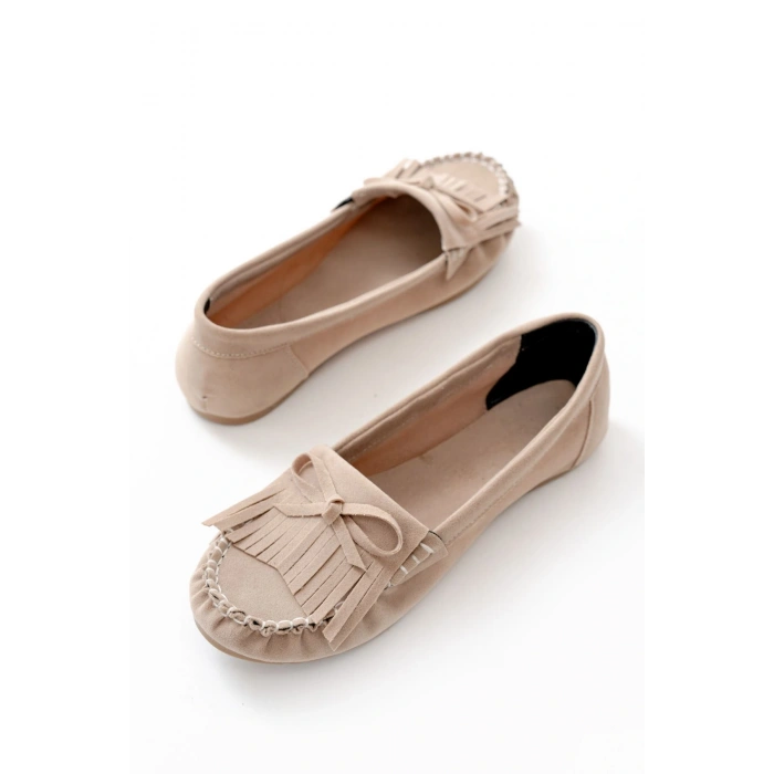 PS-100 Bej Süet Püsküllü Günlük Kadın Babet