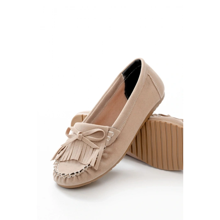 PS-100 Bej Süet Püsküllü Günlük Kadın Babet