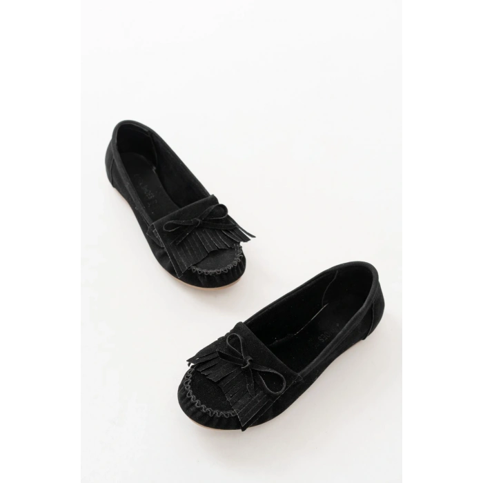 PS-100 Siyah Süet Püsküllü Günlük Kadın Babet