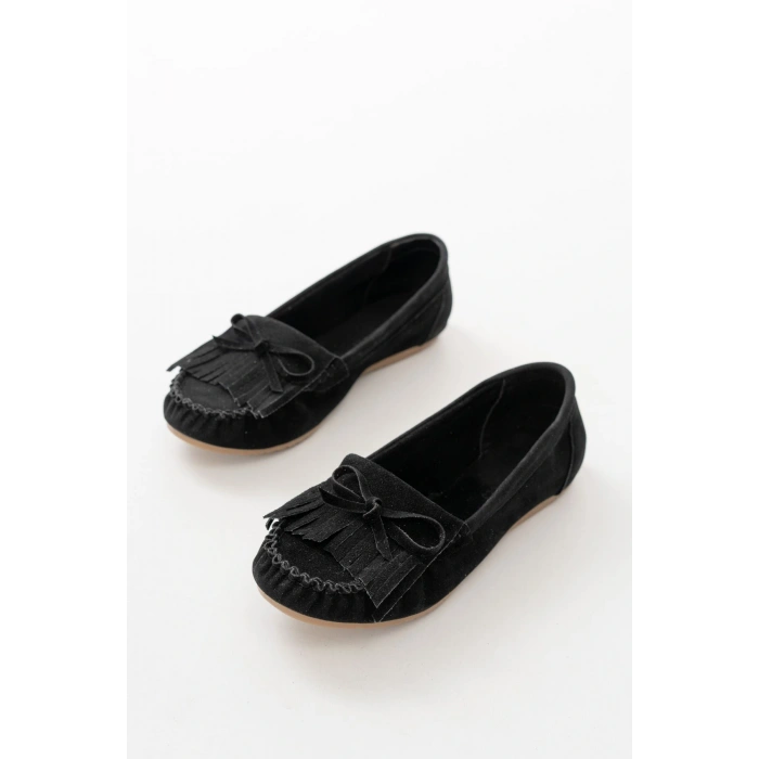 PS-100 Siyah Süet Püsküllü Günlük Kadın Babet