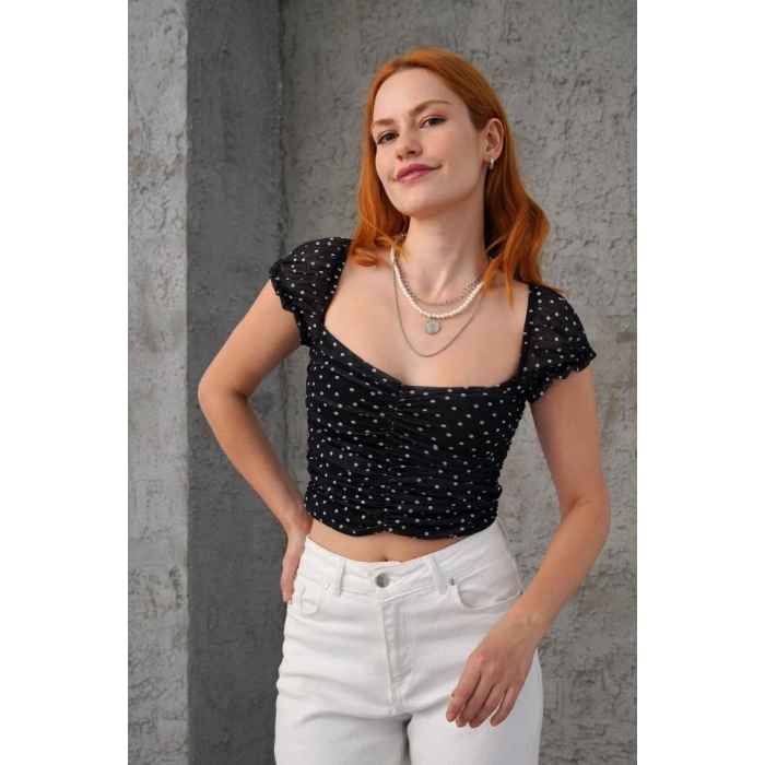 Puantiyeli Belden Oturtmalı Tül iyah Bluz