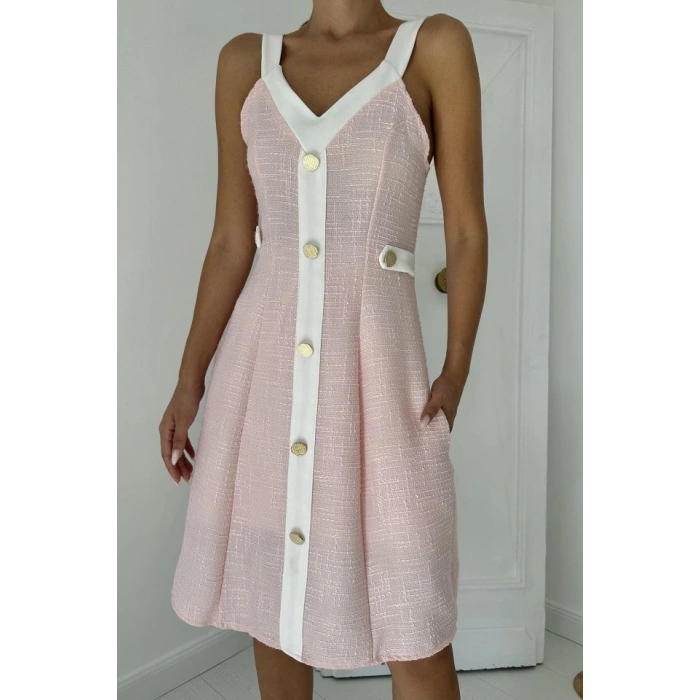 Pudra Ekru üs Cepli Askılı Elbise