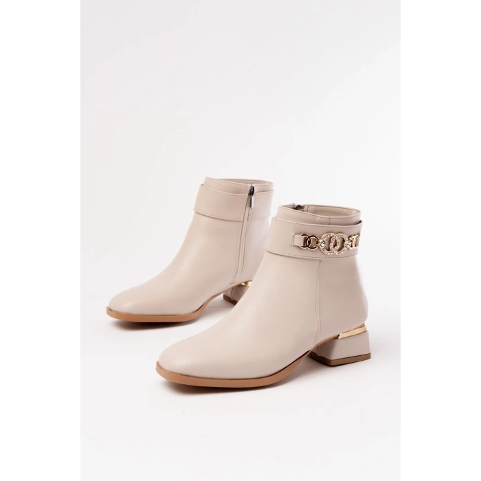 RM-502 Bej Toka Aksesuarlı Topuklu Fermuarlı Günlük Kadın Bot