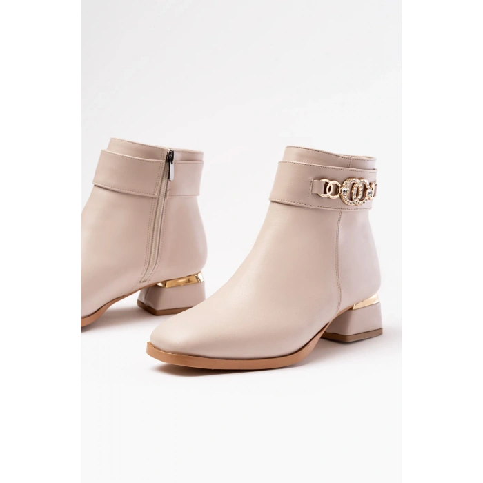 RM-502 Bej Toka Aksesuarlı Topuklu Fermuarlı Günlük Kadın Bot