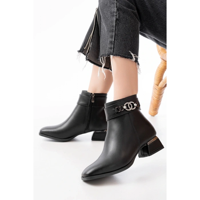 RM-502 Siyah Toka Aksesuarlı Topuklu Fermuarlı Günlük Kadın Bot